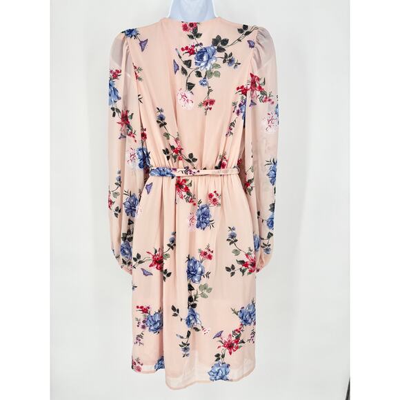Express NWT Blush Pink Floral Butterfly Chiffon Tie Waist Faux Wrap Dress Size S - Picture 3 of 9